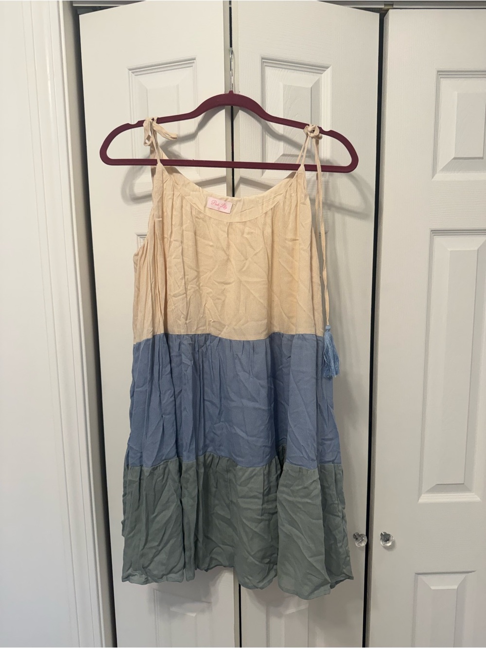 Pink Lily Colorblock Tiered Tassel Dress – Cream Blue Gray Size Large